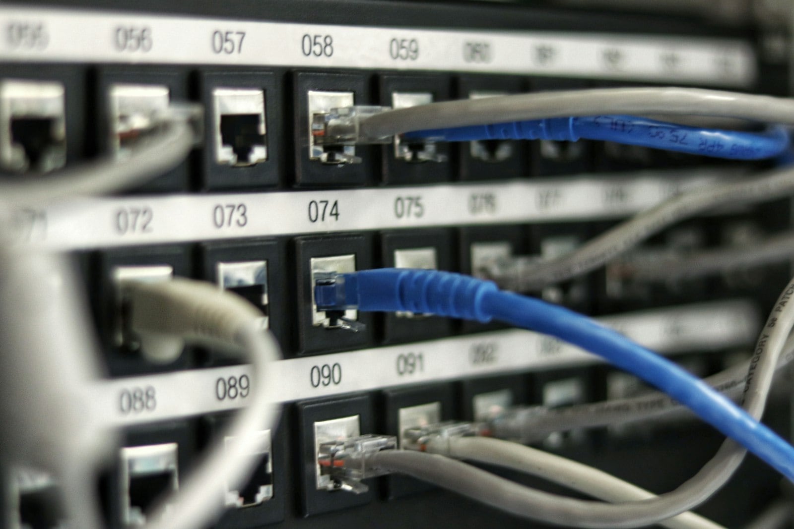 Patch panel ports, numbered and labelled